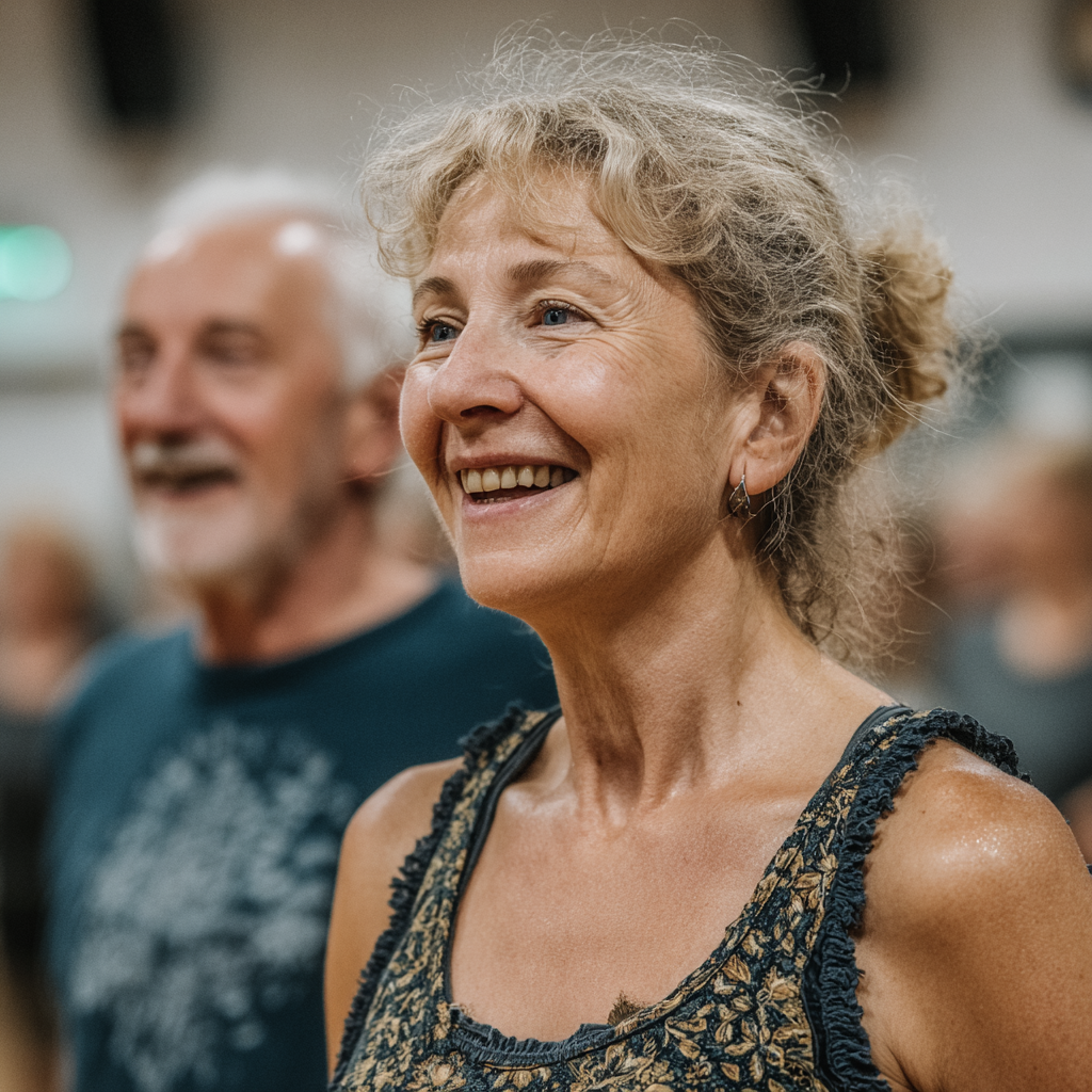 Веселе групове заняття з аеробіки, де люди віком 50-60 років тренуються разом під енергійну музику в просторому залі з дзеркалами