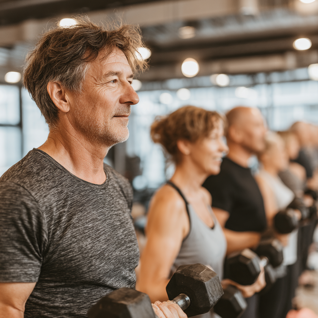 Група людей віком 50-60 років виконує функціональні вправи з гантелями в сучасному фітнес-залі під керівництвом досвідченого тренера