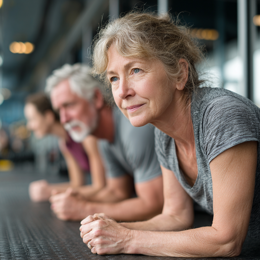 Енергійна жінка 55 років виконує планку під час групового тренування у сучасному спортивному залі з природним освітленням